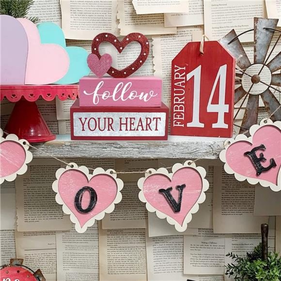 Valentines Day Decor 3-Layered Pink Love Heart, Wooden Table Decorations - Picture 4 of 14